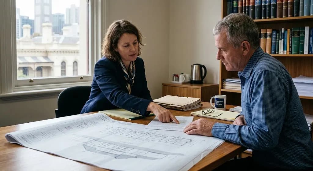 Two people reviewing building plans in an office